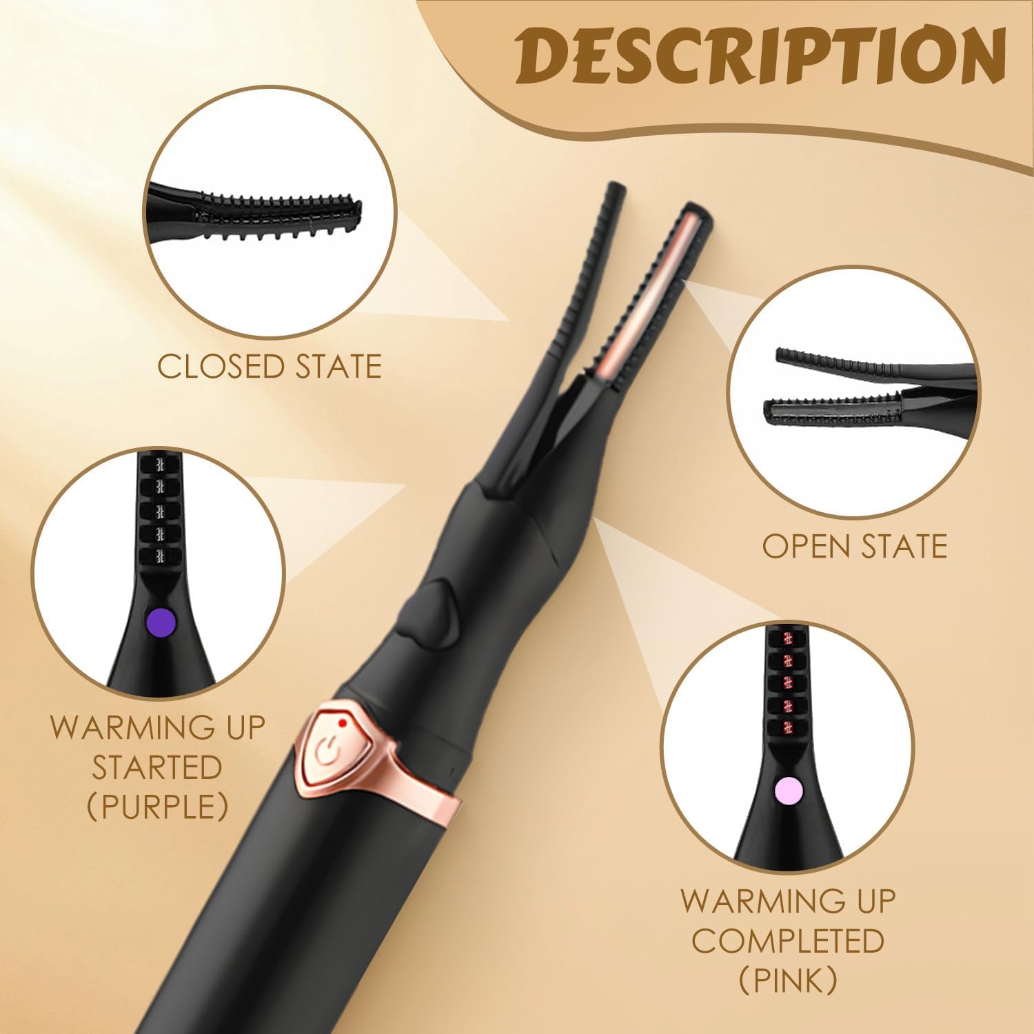 Vynzo Heated Electric Eyelash Curler showing closed and open states, with indicators for warming up process.