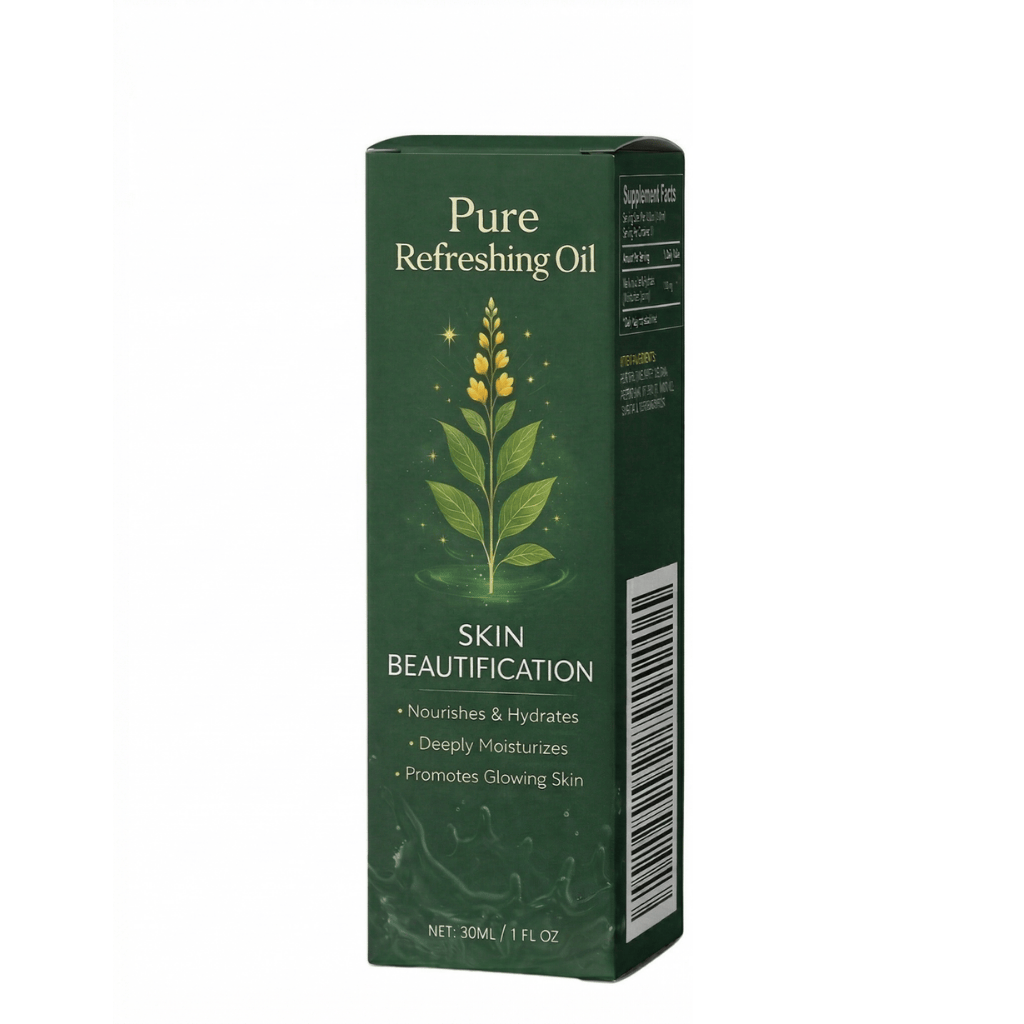Pure Refreshing Oil packaging featuring skin beautification benefits and natural botanical design.