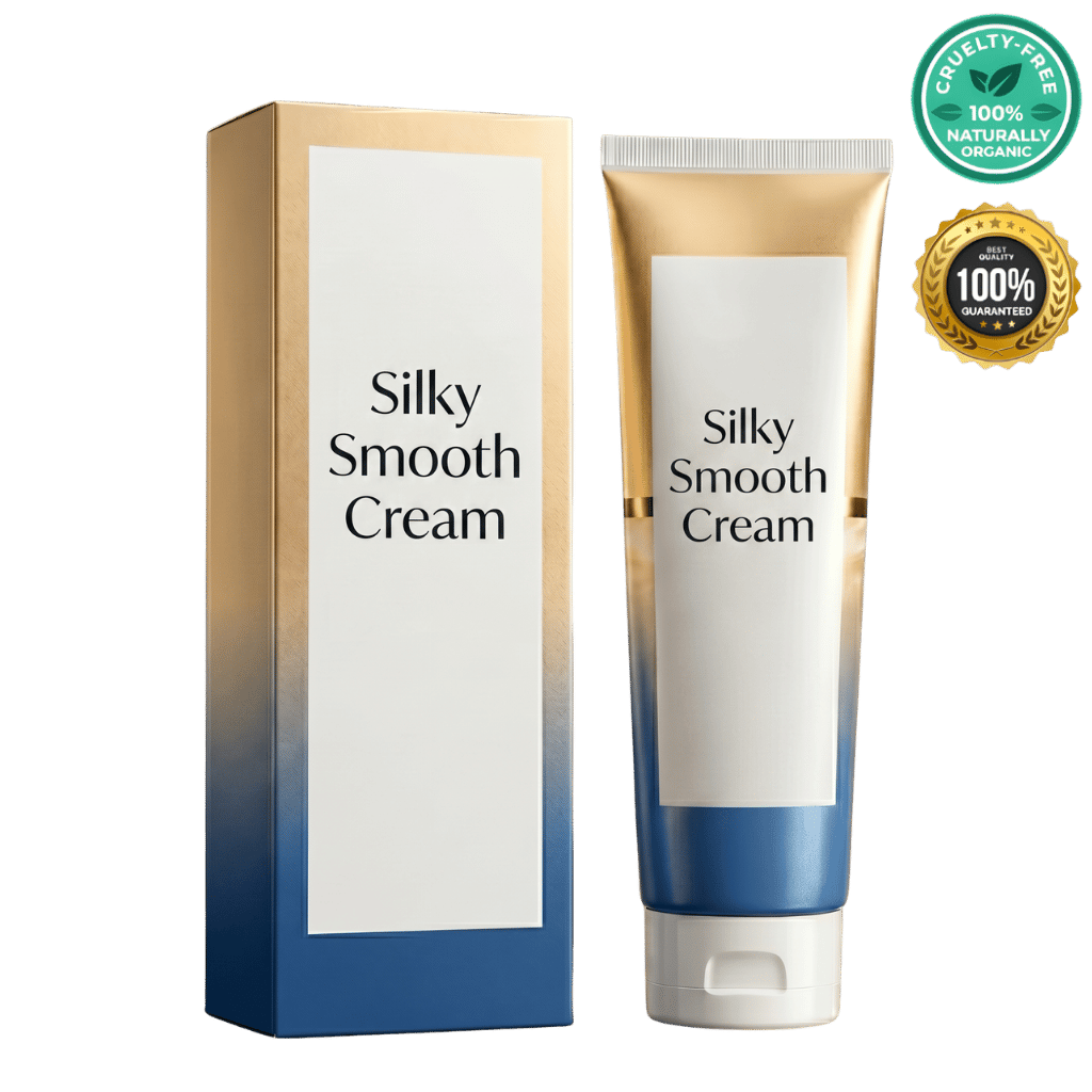 Silky Smooth Cream packaging and tube featuring a sleek design, highlighting its moisturizing and hydrating benefits.