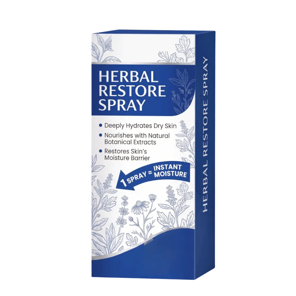 Herbal Restore Spray packaging displaying features of deep hydration and nourishment for dry skin.