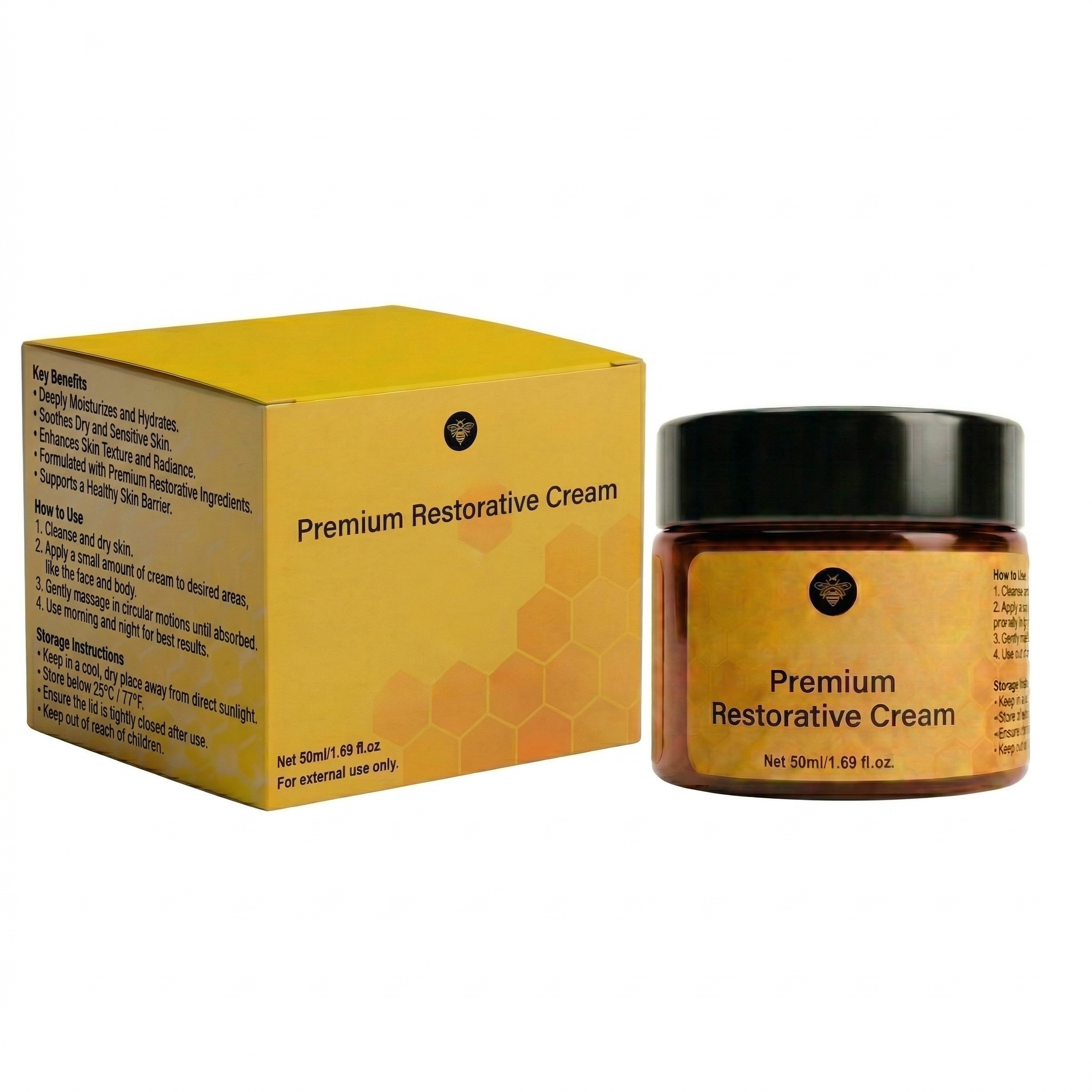 Premium Restorative Cream jar and packaging showcasing skincare benefits for a healthy complexion.