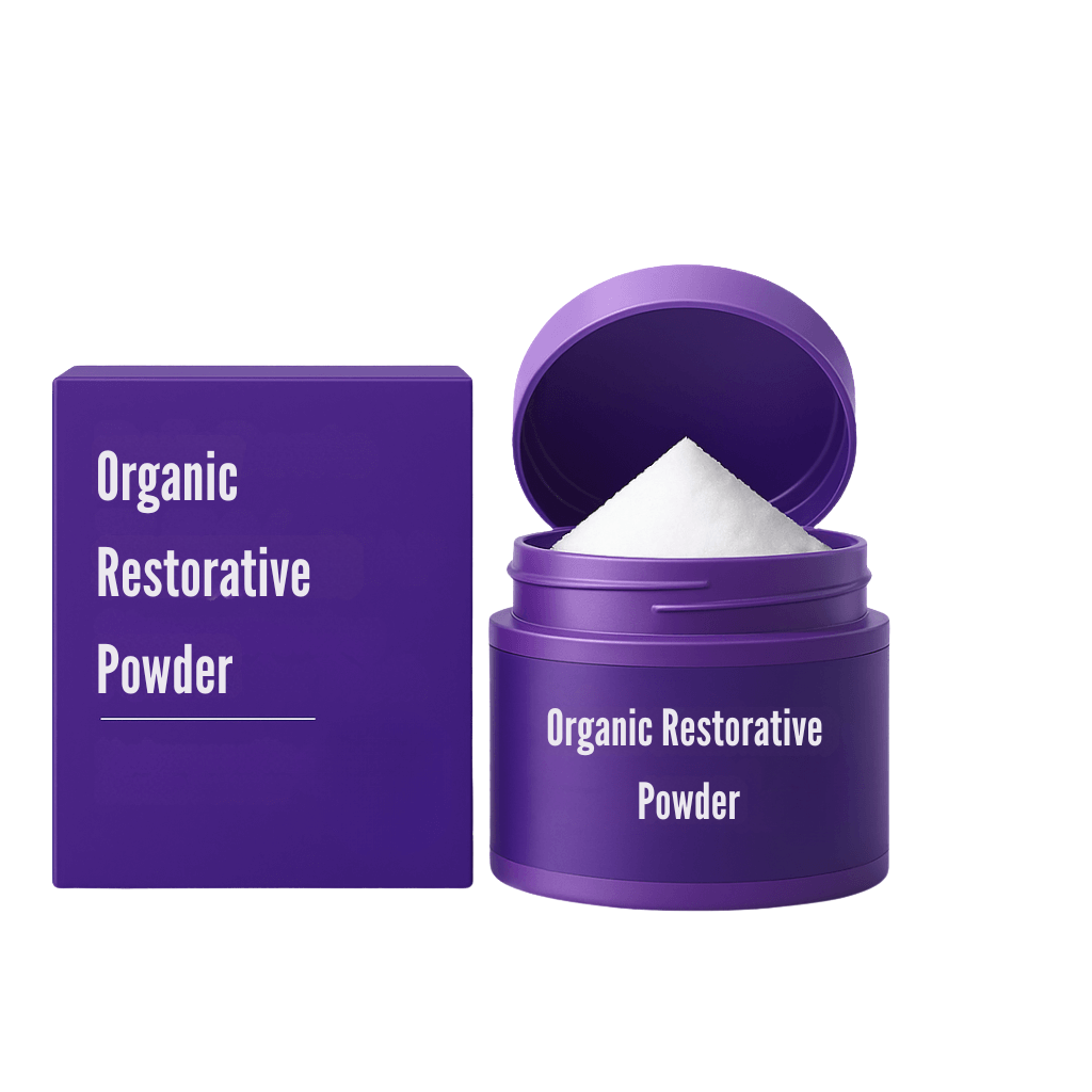 Organic Restorative Powder in a purple container, showcasing its silky texture for radiant skin.
