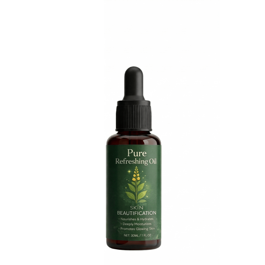 Pure Refreshing Oil bottle with dropper, enhances hydration and promotes glowing skin.