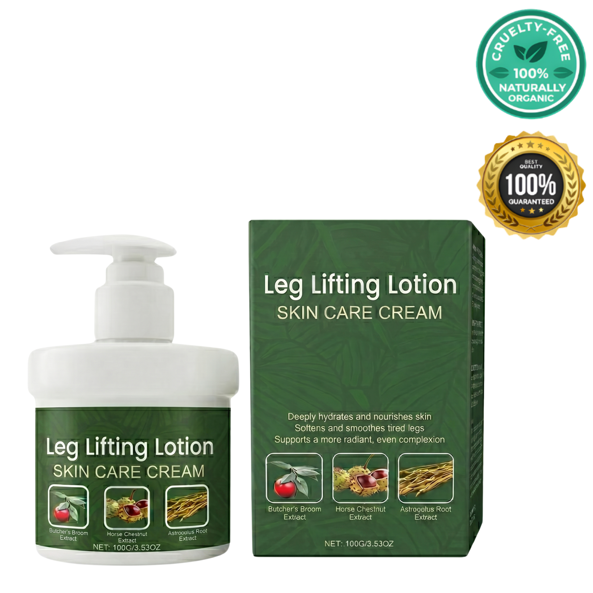 Leg Lifting Lotion in a pump container, promoting smoother, firmer skin for well-cared legs. Cruelty-free and organic.