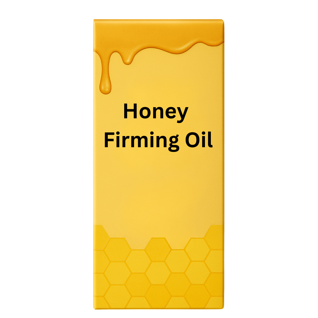 Honey Firming Oil packaging featuring a honey drip design on a yellow box.