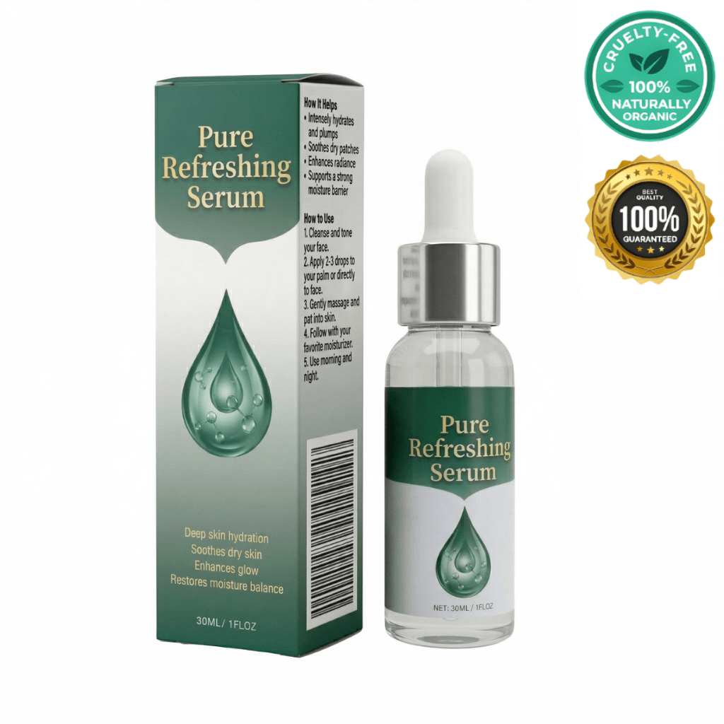 Premium Pure Refreshing Serum bottle and box packaging with hydrating benefits and cruelty-free certification.