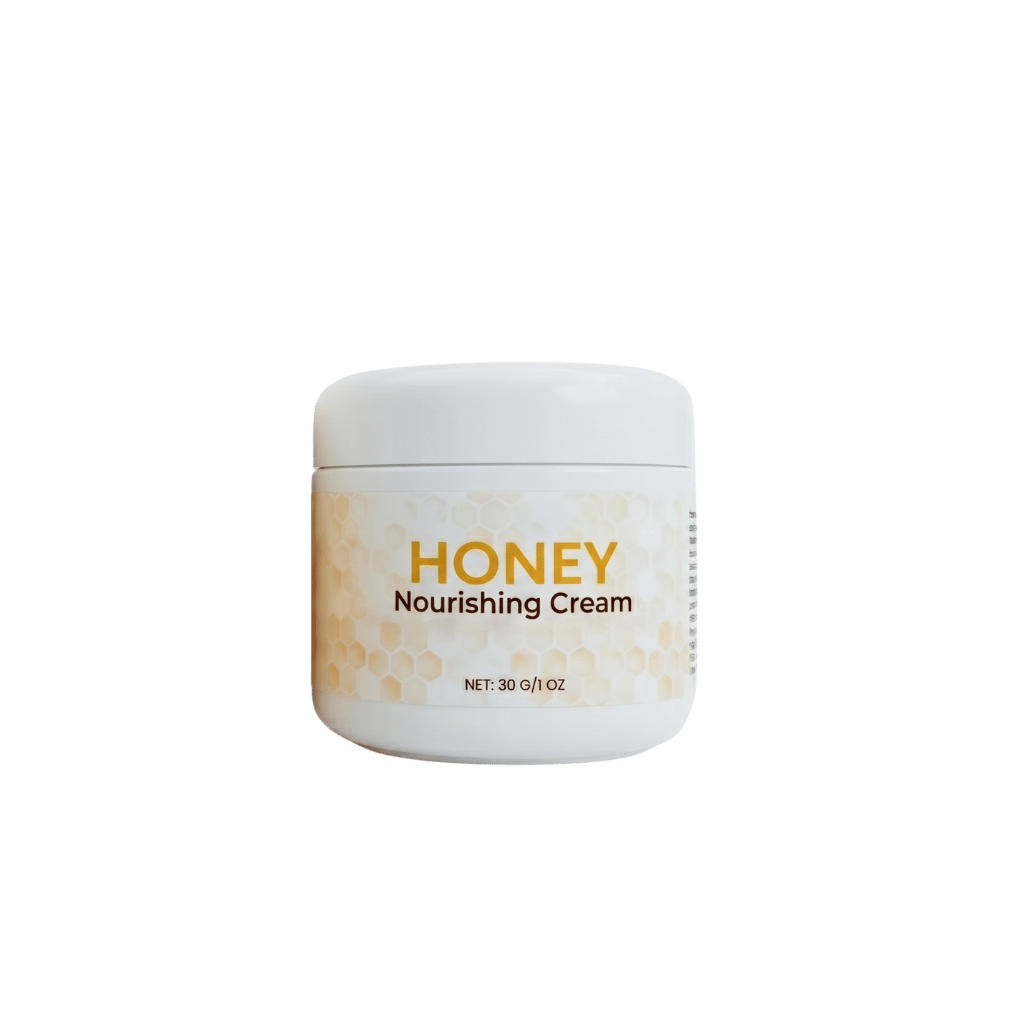 Honey Nourishing Cream in a white jar with a honeycomb design for skincare nourishment.