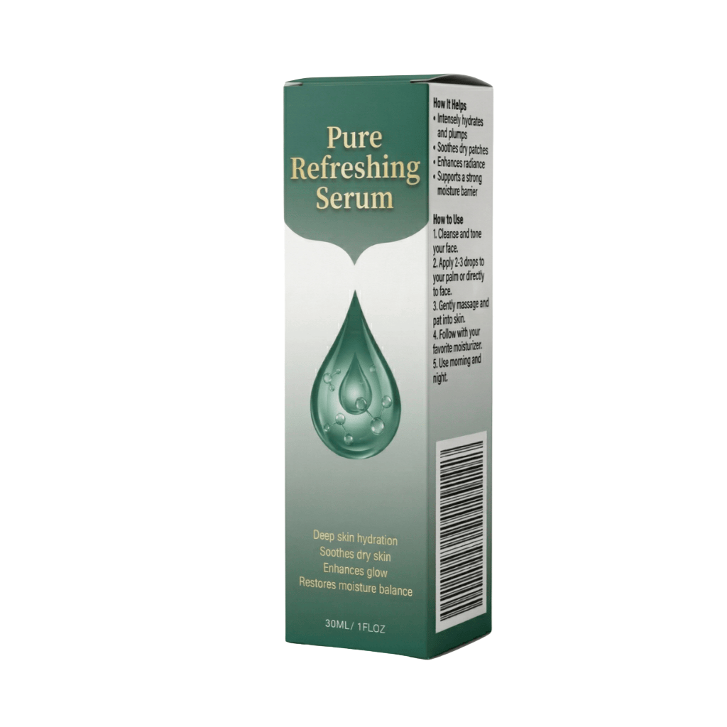 Premium Pure Refreshing Serum in a green and white box, designed for deep hydration and enhancing skin glow.