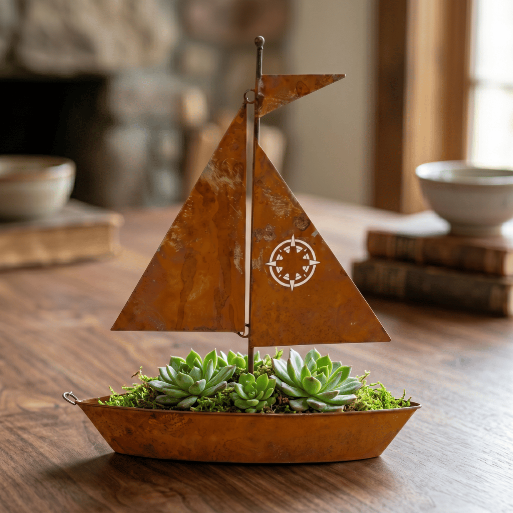 Vintage Sailboat Metal Planter