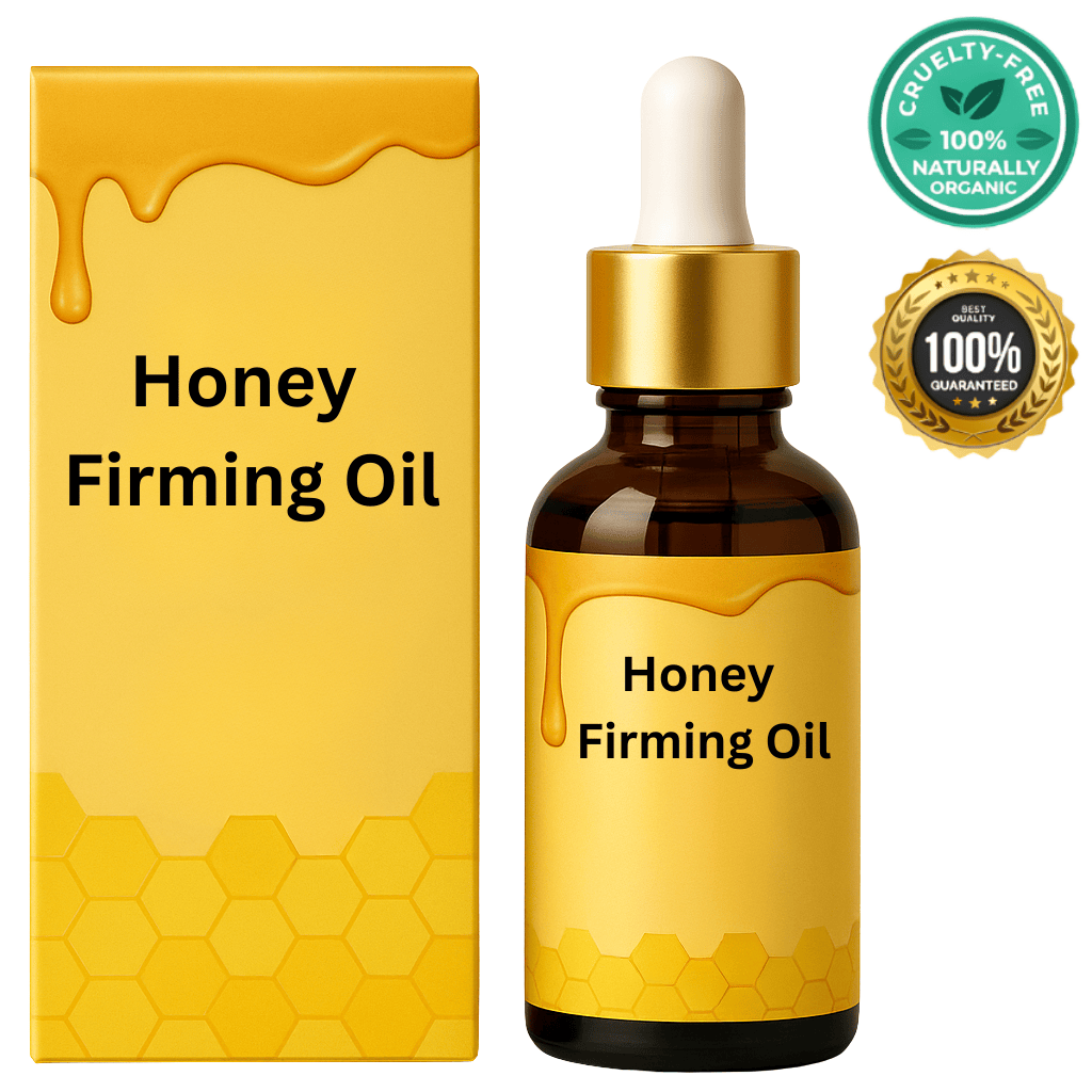 Honey Firming Oil bottle and packaging showcasing its high-quality, plant-based skincare benefits.