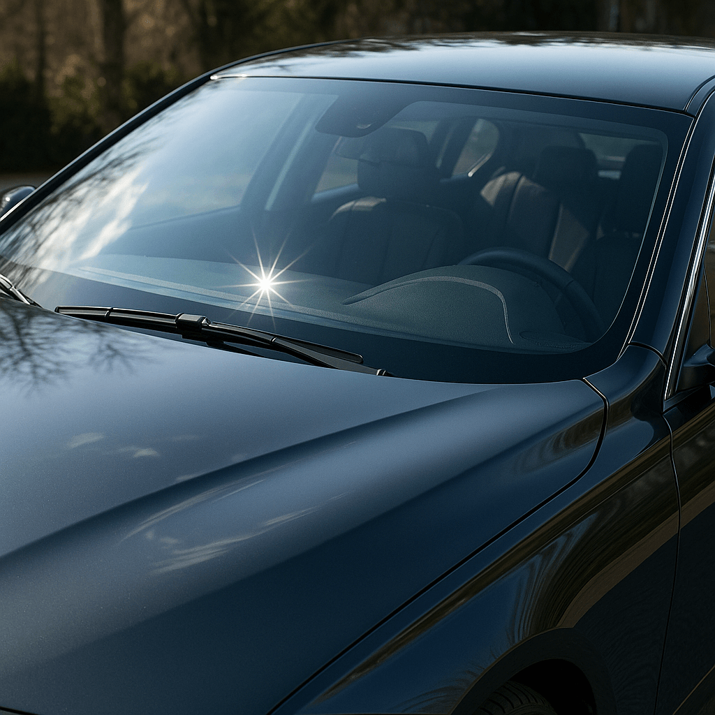 Handle Oil-Film Remover Lotion applied on a car windshield for a clear, streak-free finish.