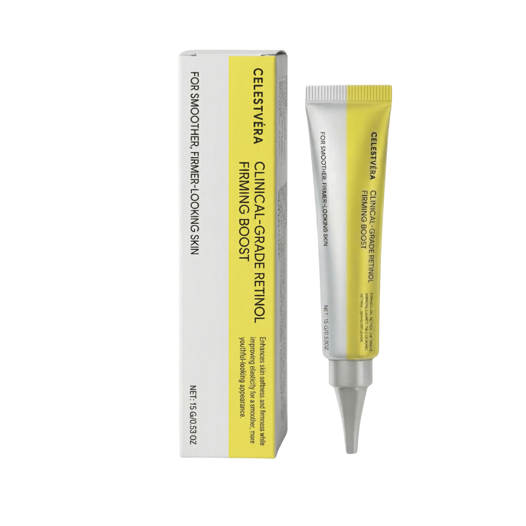 Celestvéra Clinical-Grade Retinol Firming Boost Serum in a tube with packaging for smoother, firmer-looking skin.