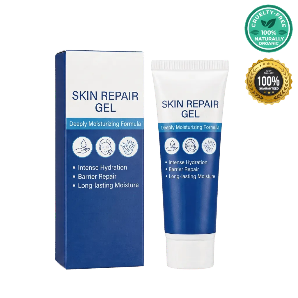 Skin Repair Gel packaging and tube showcasing deeply moisturizing formula for hydration and skin barrier repair.
