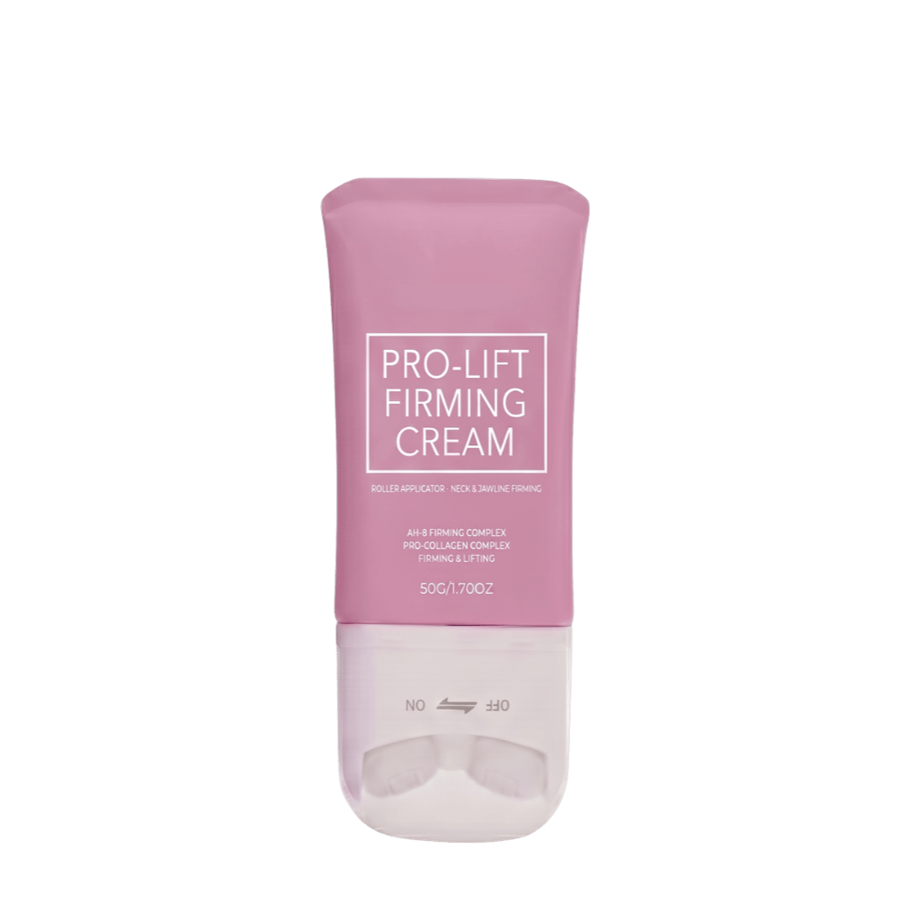 Pro-Lift Firming Cream in pink tube with roller applicator for skin tightening and firming effects.