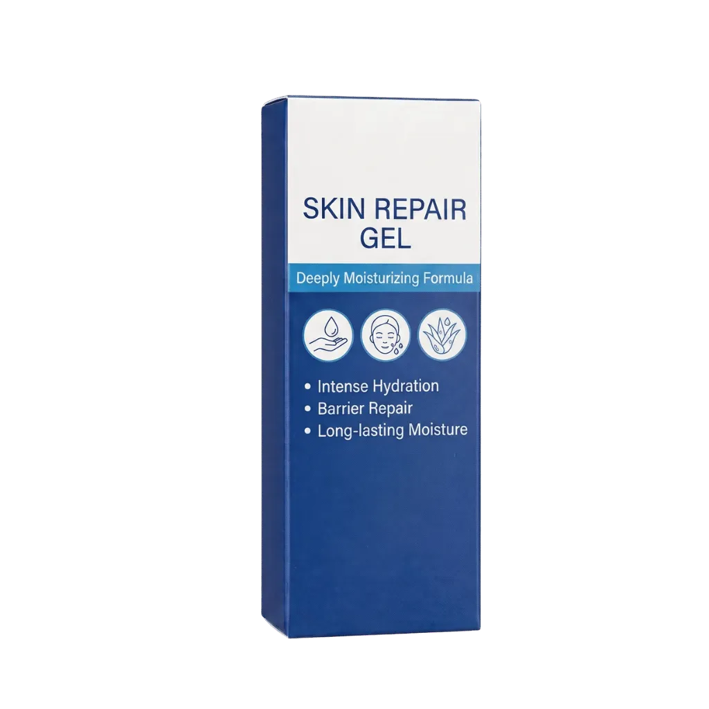 Skin Repair Gel product packaging showcasing deeply moisturizing formula and key benefits.