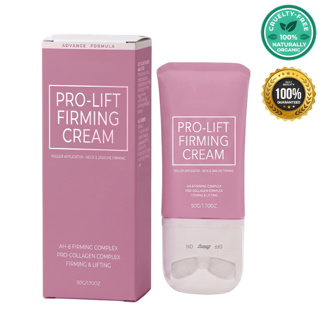 Pro-Lift Firming Cream in a pink packaging with roller applicator for neck and jawline firming.