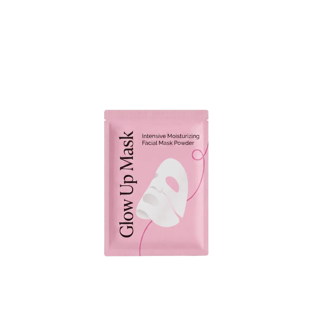 Glow Up Mask packaging showcasing intensive moisturizing facial mask powder for refreshed skin.