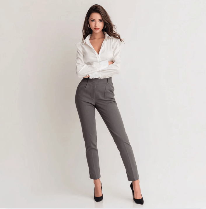 Model wearing a white blouse and grey tailored pants, posing confidently in stylish high heels.