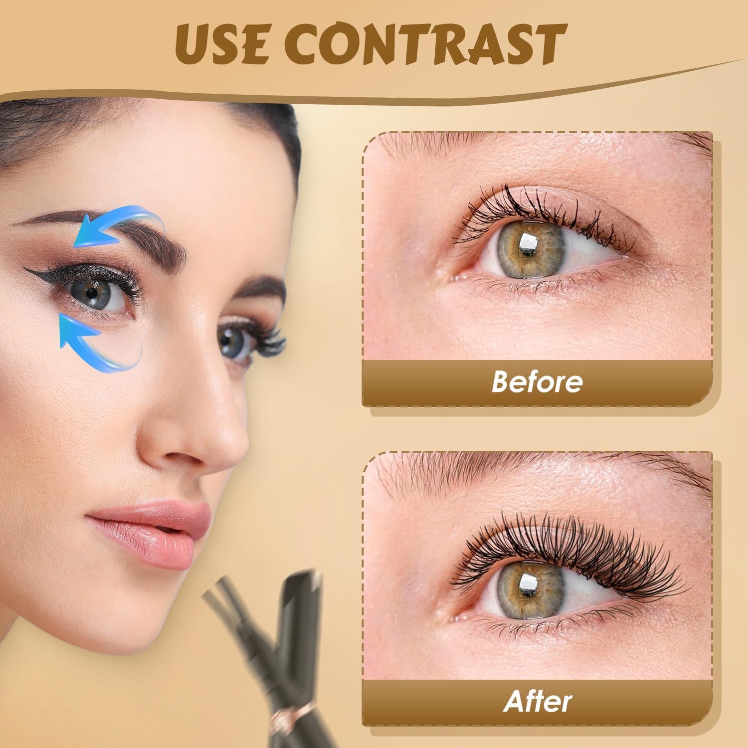 Before and after using Vynzo Heated Electric Eyelash Curler, showcasing curled lashes for a natural look.