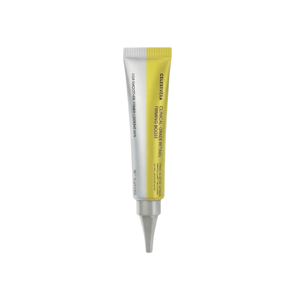 Celestvéra Clinical-Grade Retinol Firming Boost Serum in a sleek tube with yellow accents for firming skincare.