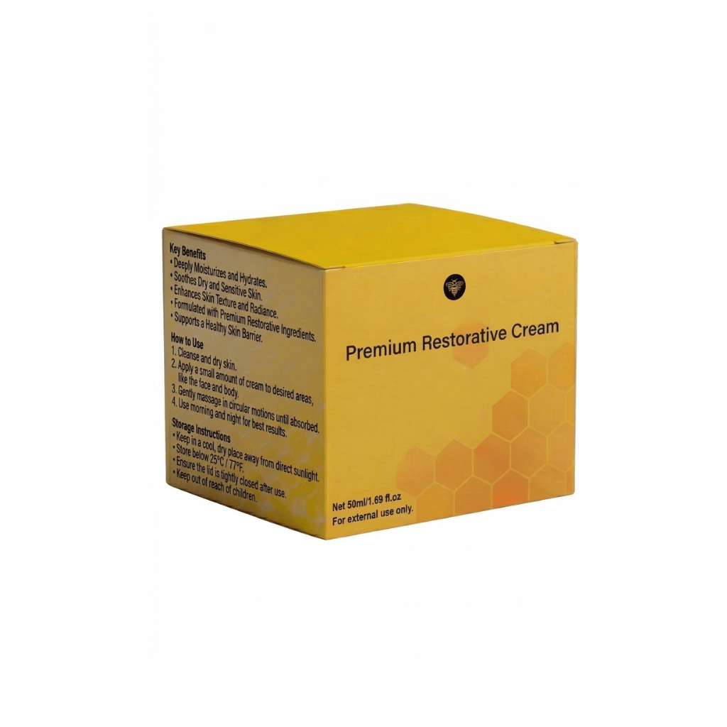 Premium Restorative Cream packaging showcasing key benefits and usage guidelines.