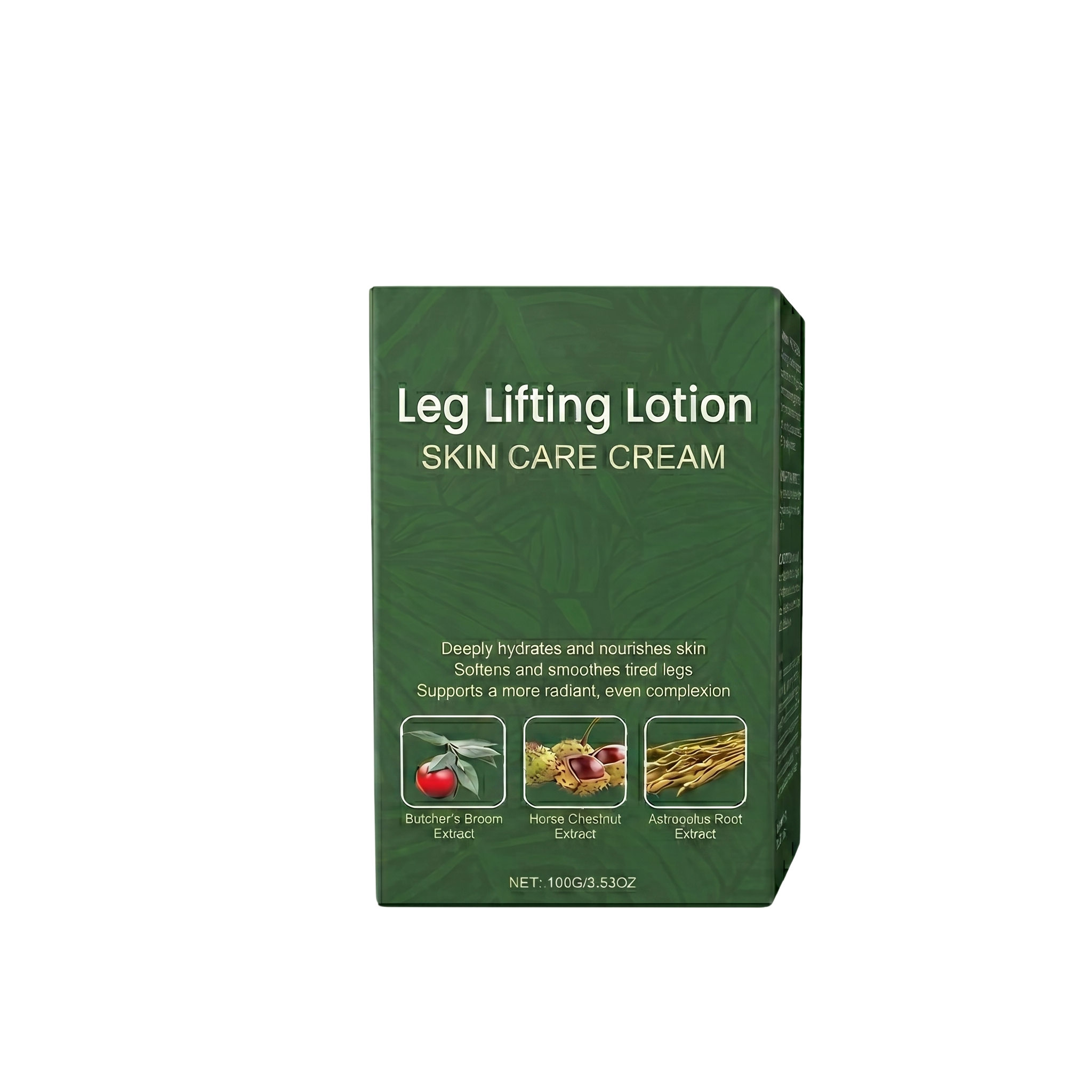 Leg Lifting Lotion packaging featuring skin care cream for smoother, firmer skin with natural extracts.