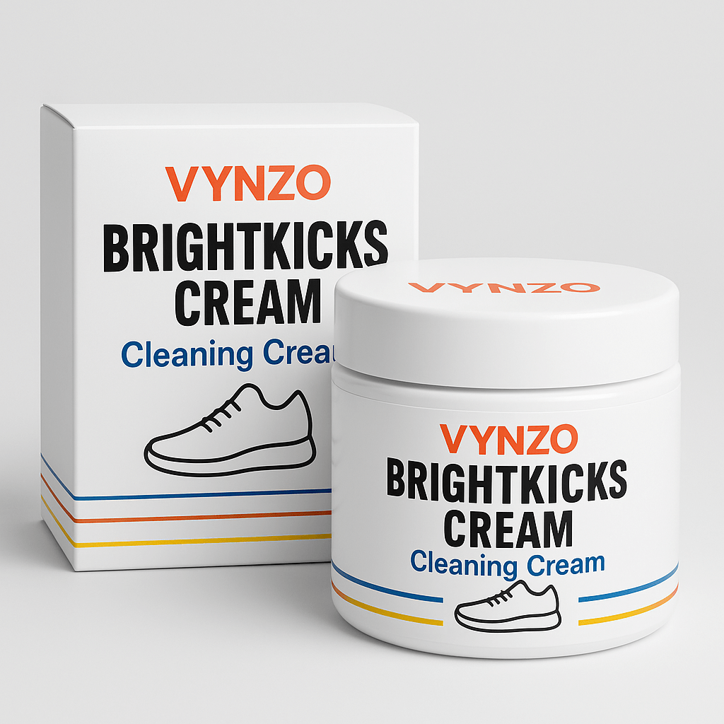 VYNZO BrightKicks Cream for White Shoe Cleaner, effective cleaning solution for restoring shoe brightness.