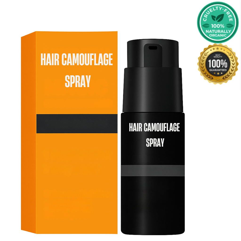 Hair Camouflage Spray bottle and box with cruelty-free certification, showcasing vibrant and polished hair results.