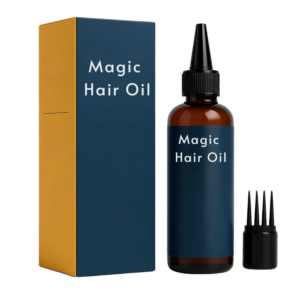 Magic Hair Oil bottle and box showcasing its refined botanical blend for healthy hair.
