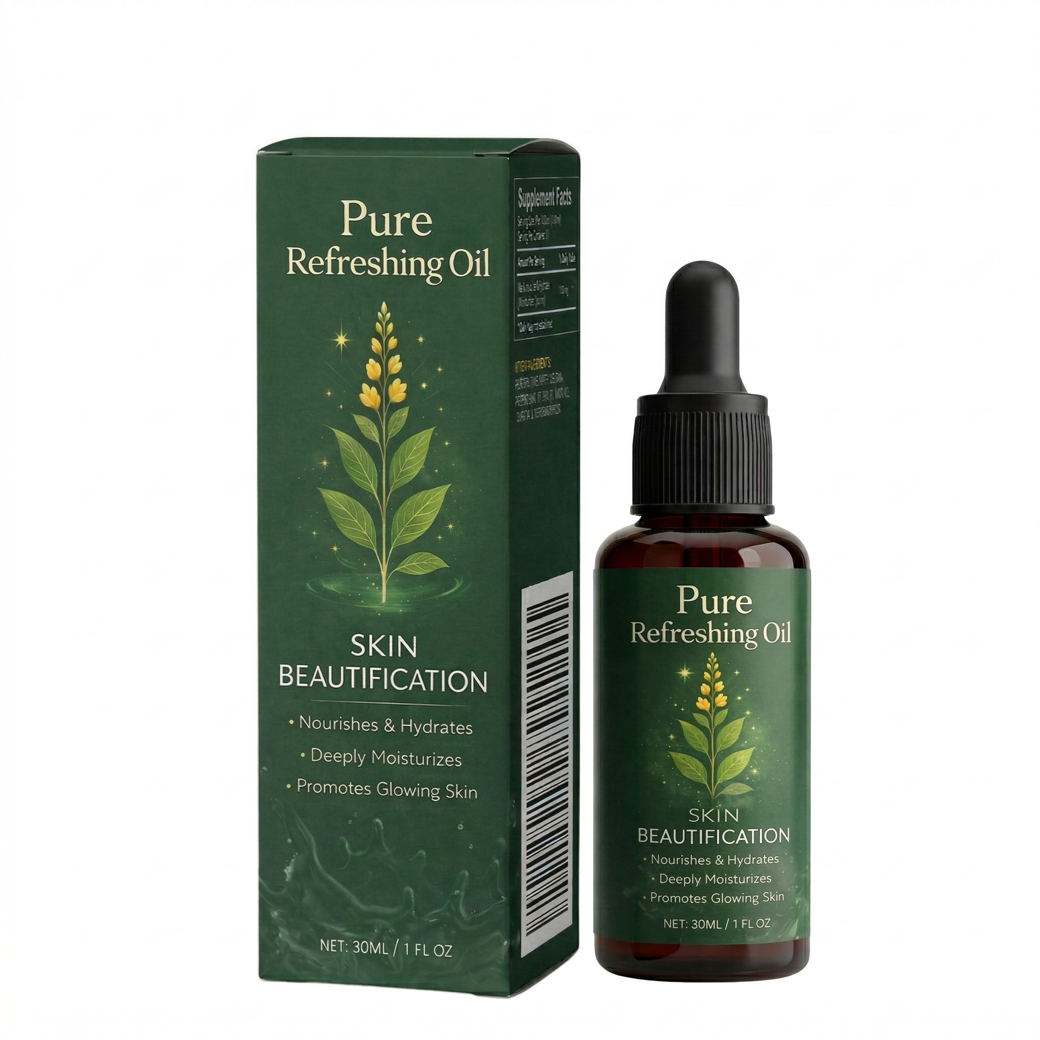 Pure Refreshing Oil bottle and box showcasing skin beautification benefits.