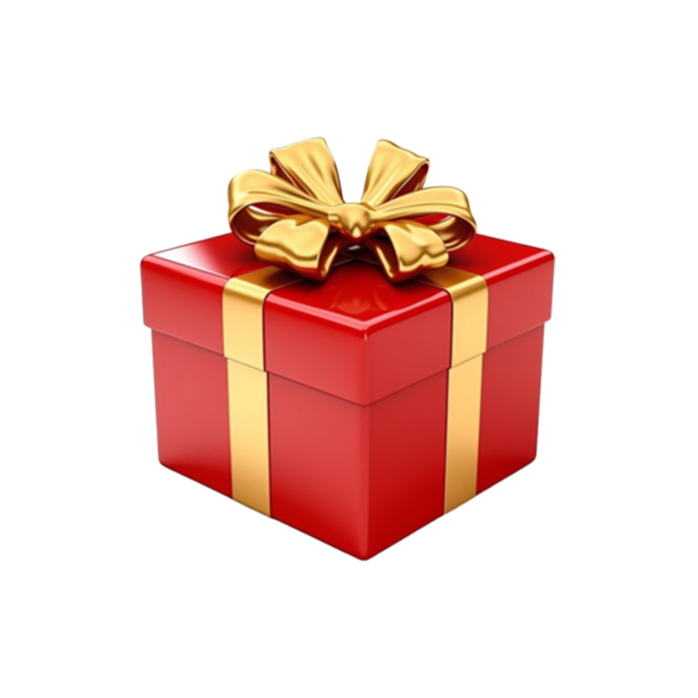 Red gift box with golden ribbon representing the Mystery Adds-Up Gift for enhanced beauty and wellness routines.